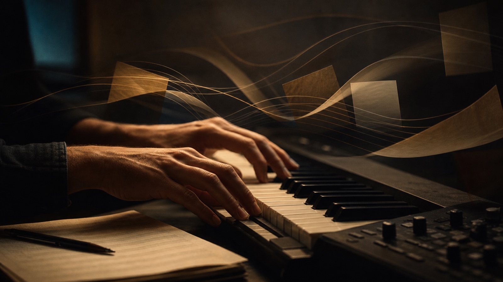 Hands composing original music across keyboard and studio controls