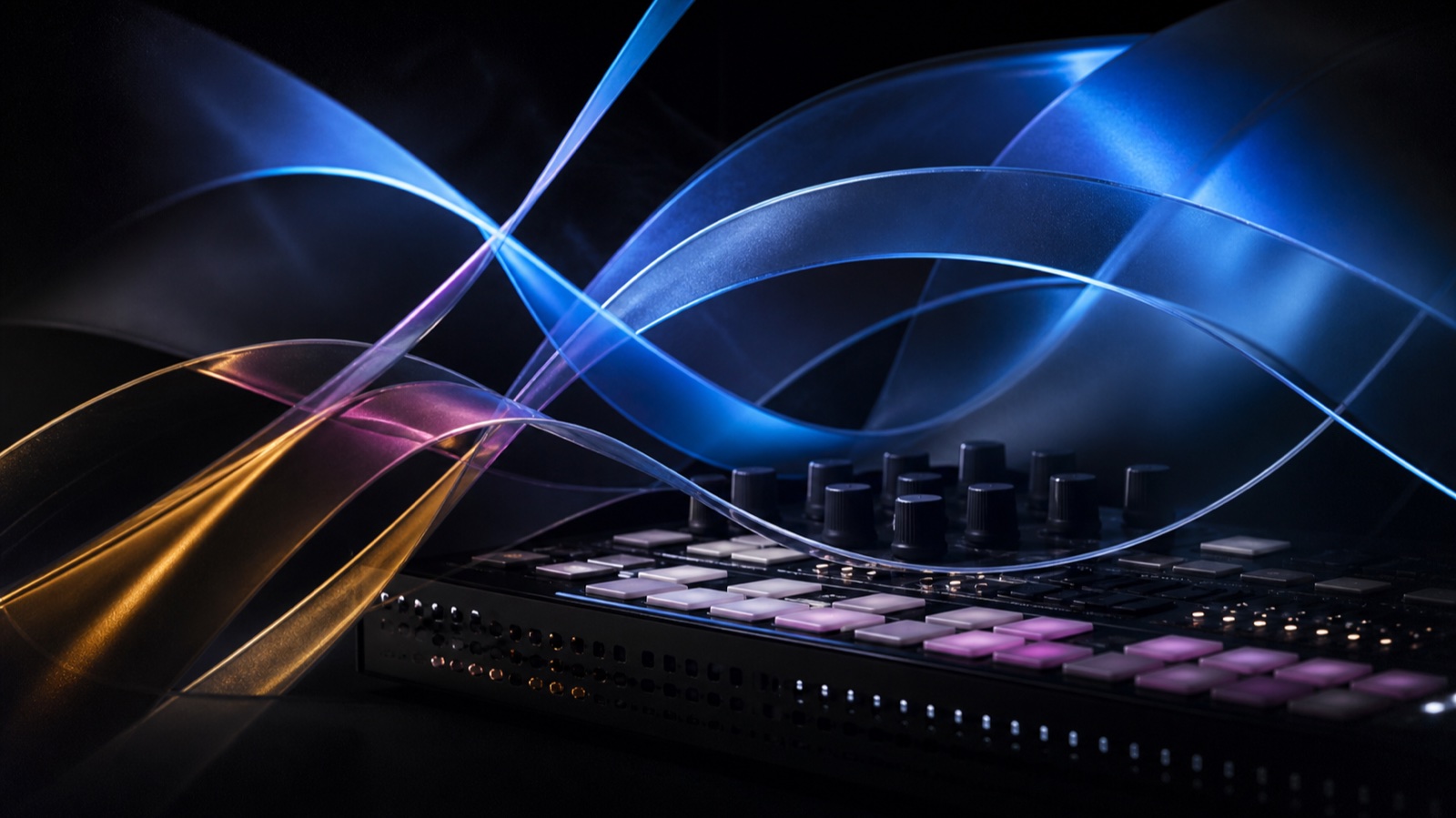 Abstract cinematic light moving across electronic music hardware