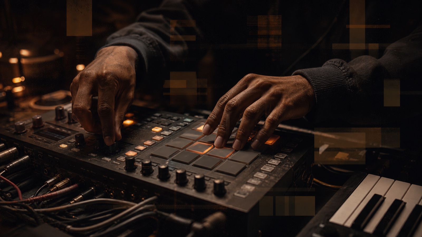 Close detail of hands shaping a beat at a music production workstation