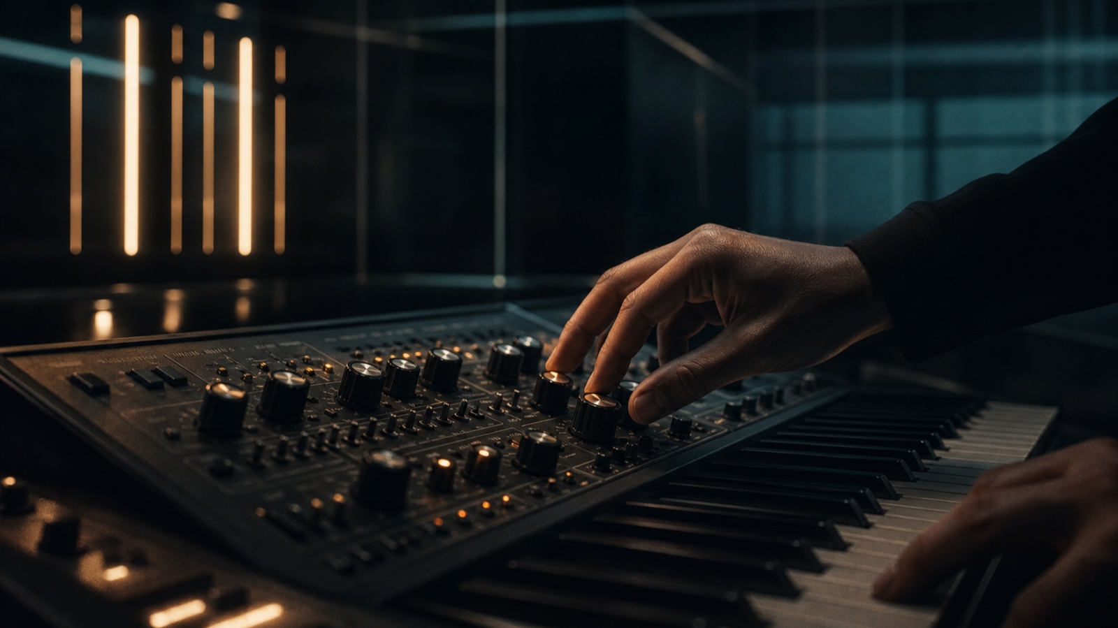 Analog synthesizer and mixing controls in a low-lit electronic music studio