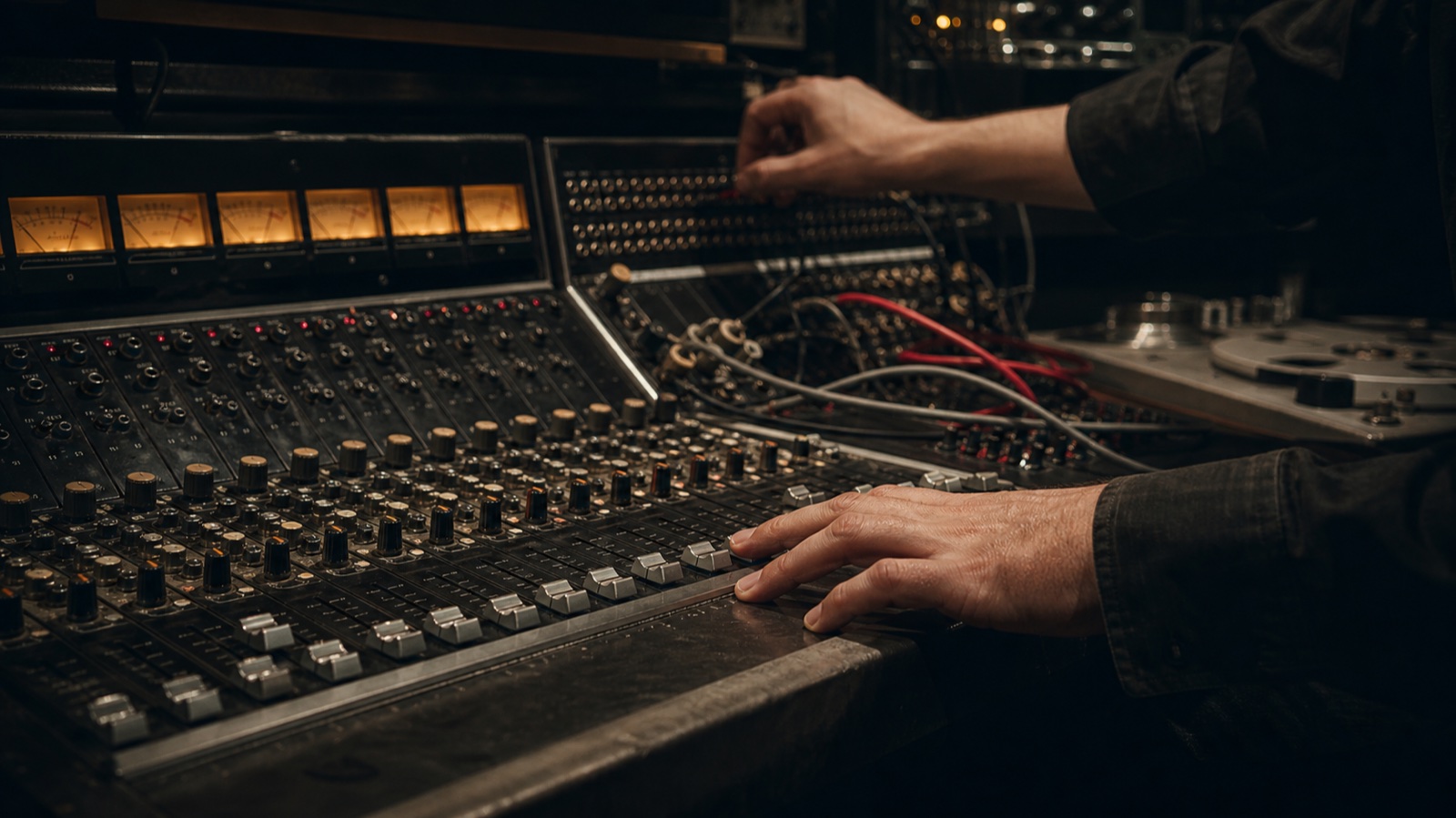 Close view of a professional audio console under controlled studio light