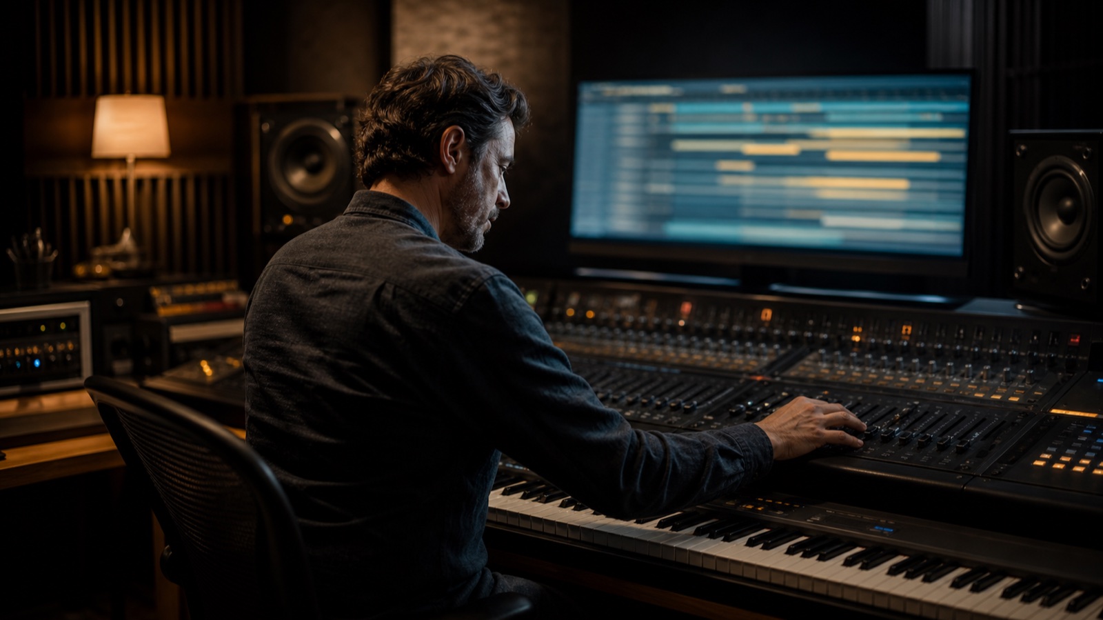 Composer working with keys and a scoring timeline in a dark production studio