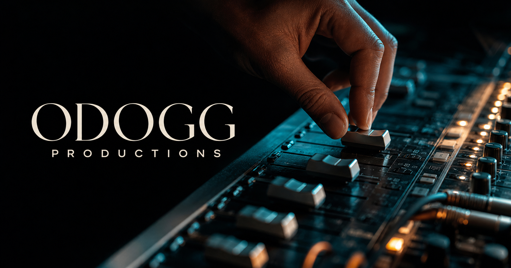 Close view of a hand shaping a mix on an illuminated audio console